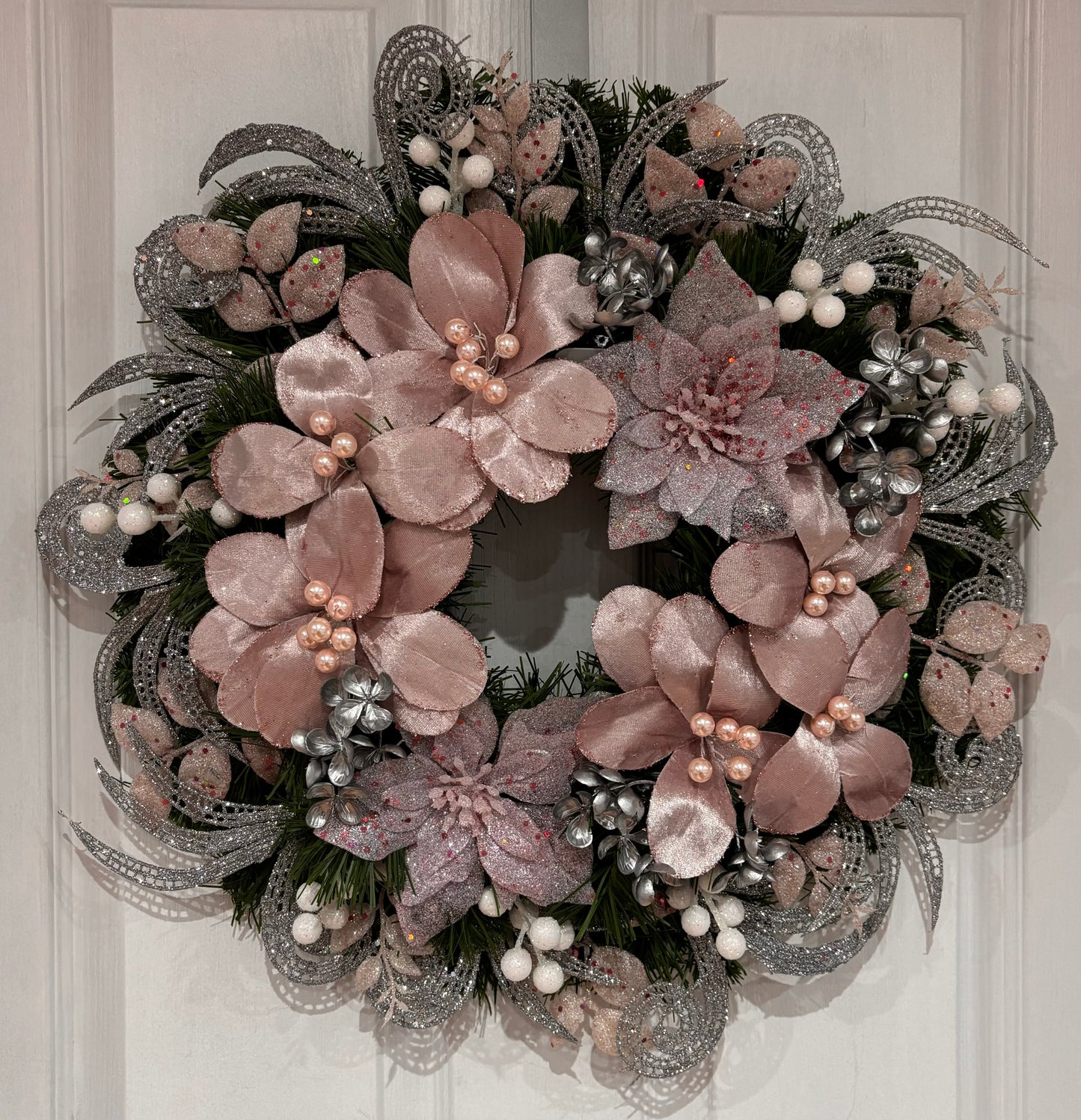 Blush pink, silver with a dash of white wreath
