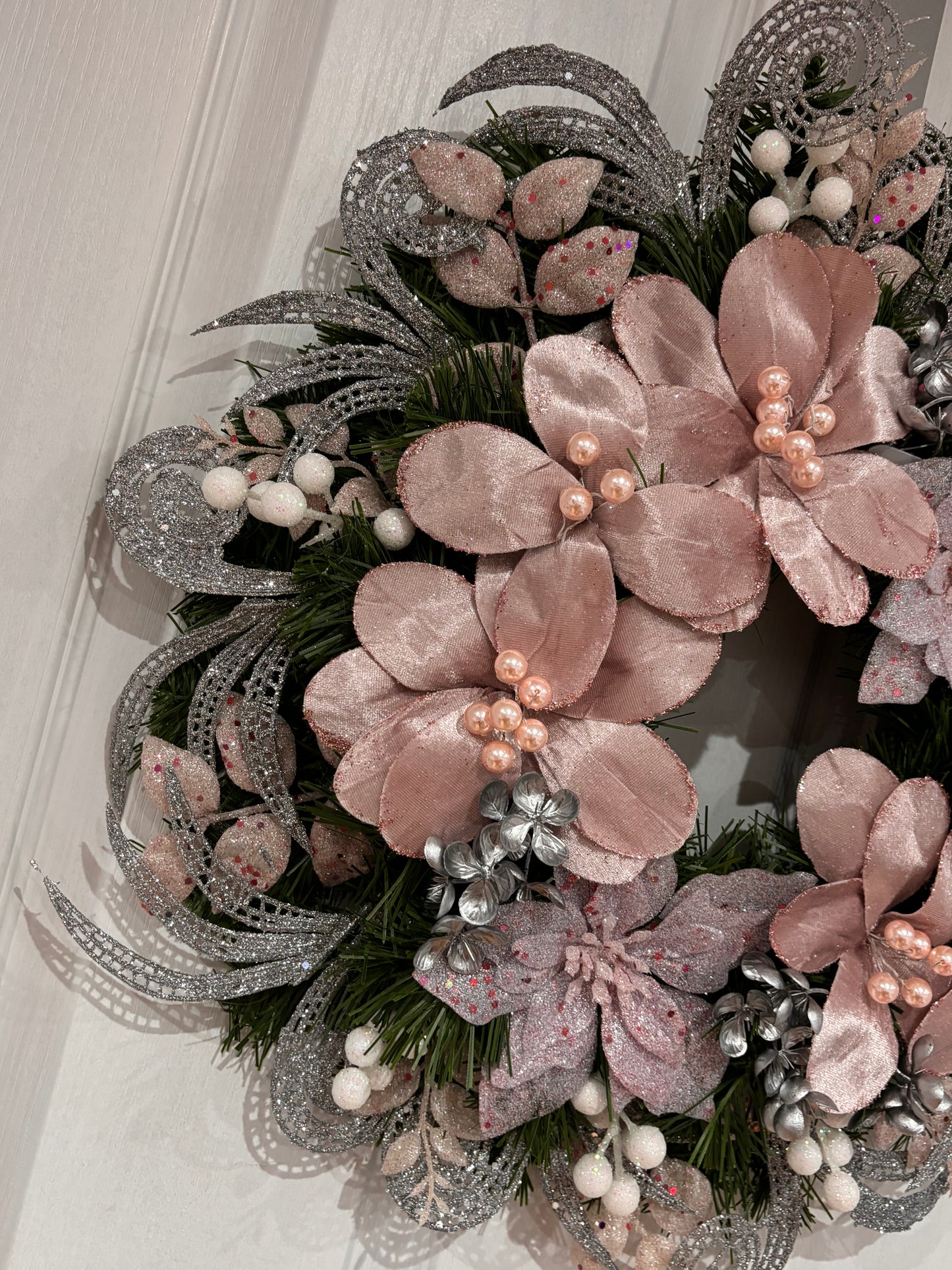 Blush pink, silver with a dash of white wreath
