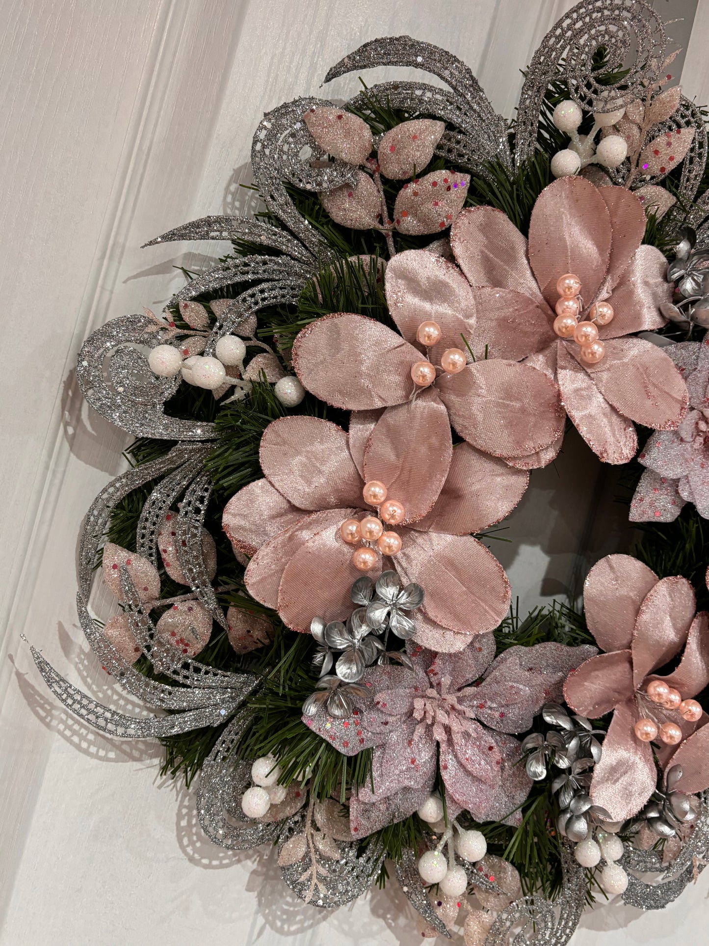 Blush pink, silver with a dash of white wreath
