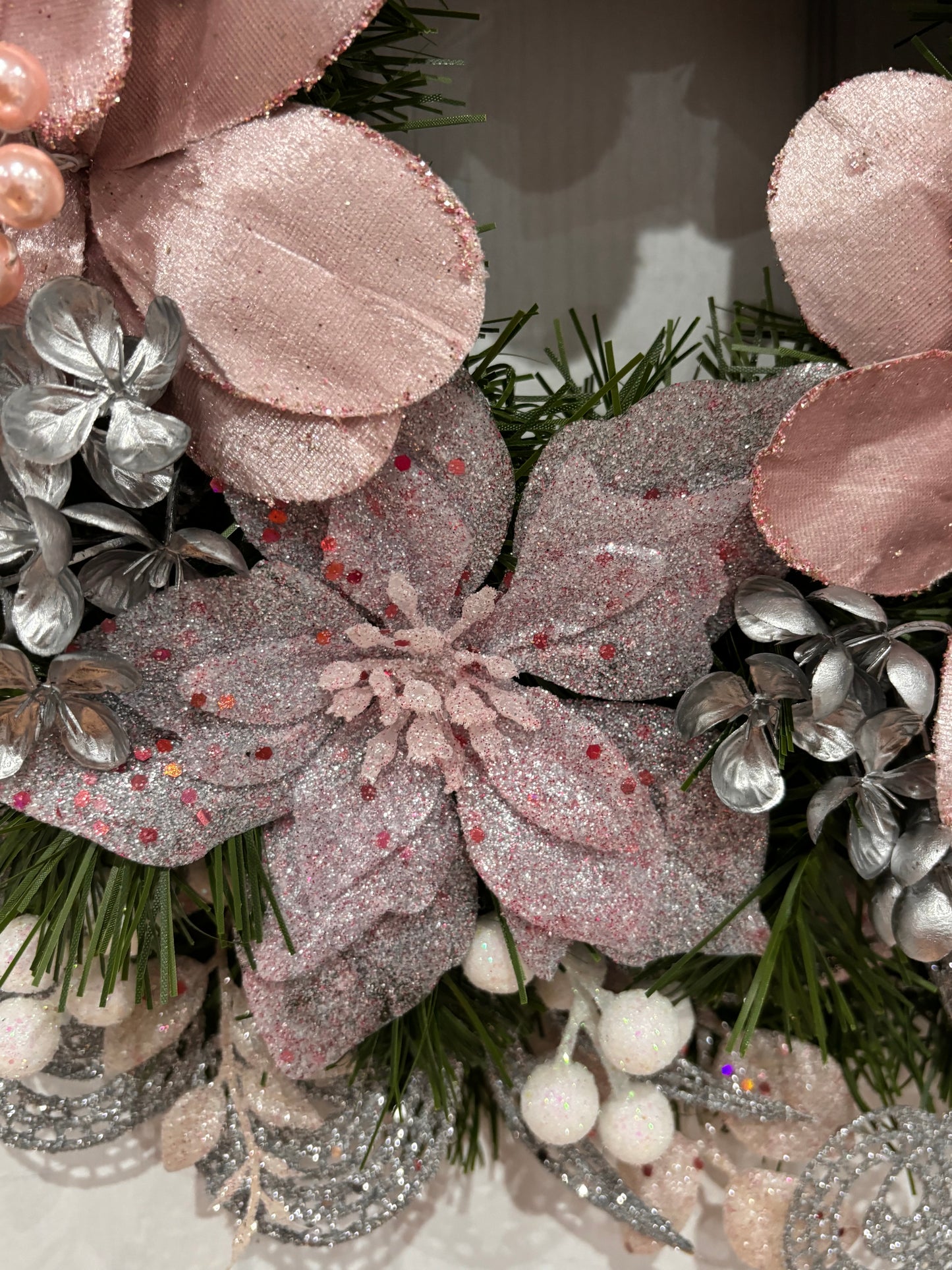 Blush pink, silver with a dash of white wreath